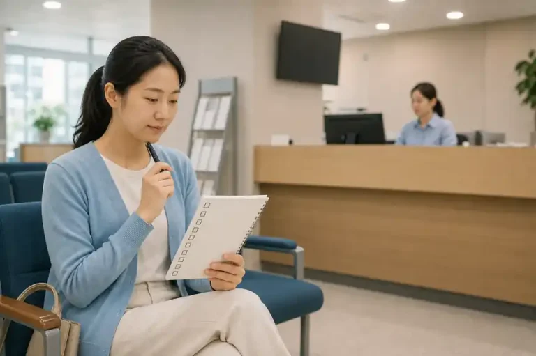 Textless generated photo of a learner reviewing a blank checklist in a Korean community center waiting area.
