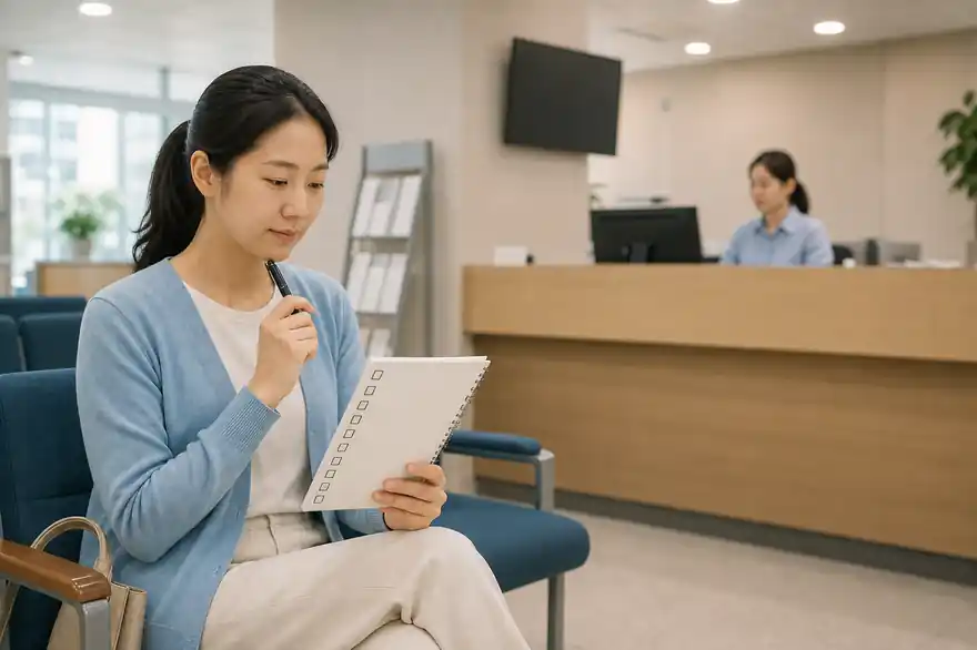 Textless generated photo of a learner reviewing a blank checklist in a Korean community center waiting area.