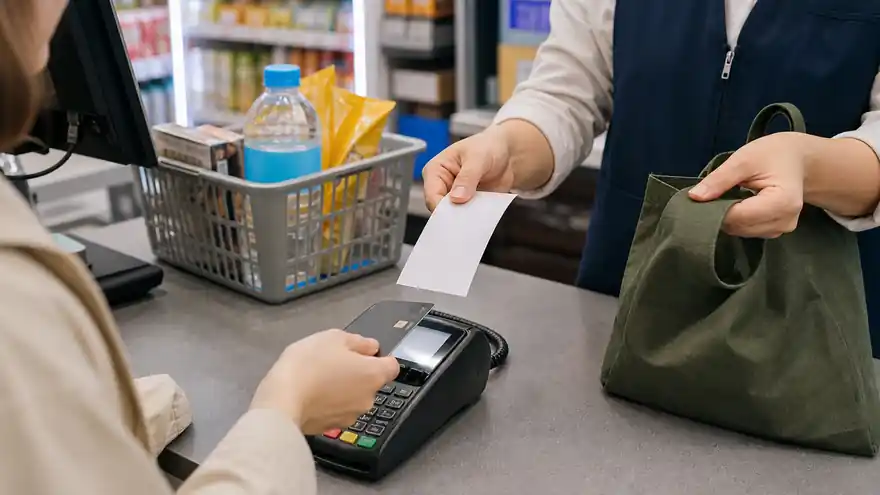 New Codex-generated photorealistic Korean convenience store payment scene with card reader, receipt, and bag.