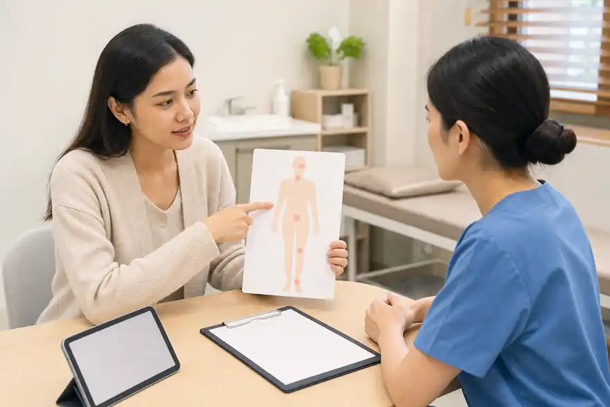 Textless generated photo of a learner explaining symptoms with a blank body-area card in a Korean clinic.