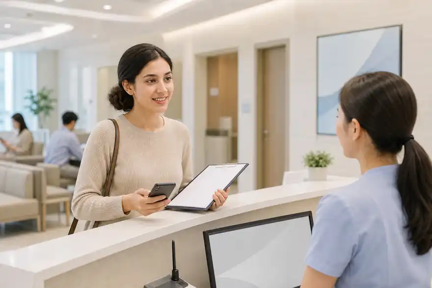 Textless generated photo of a learner checking in at a Korean clinic reception desk with blank forms.