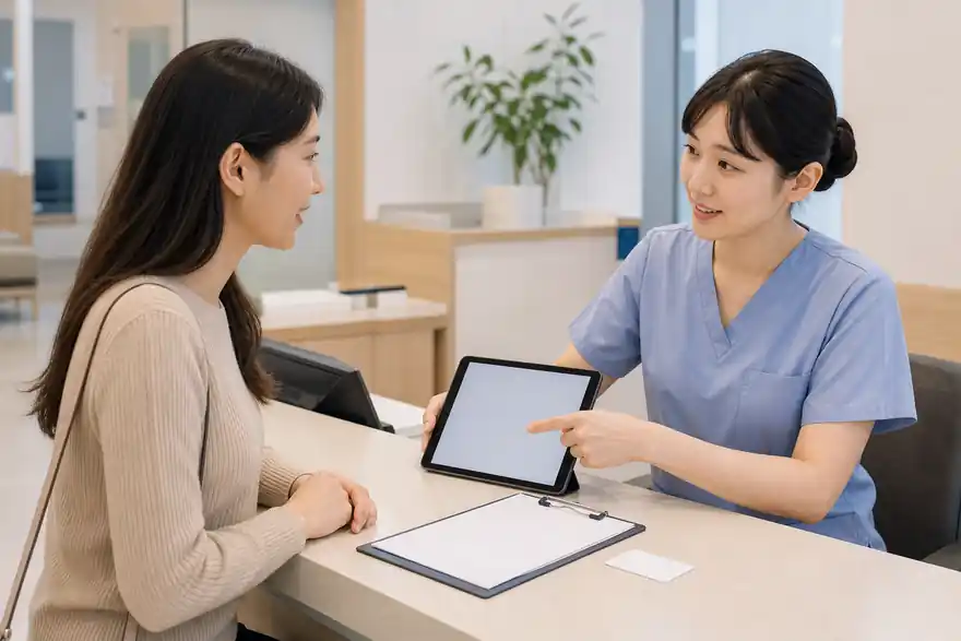 Textless generated photo of a learner confirming reception details with a nurse and blank tablet screen.