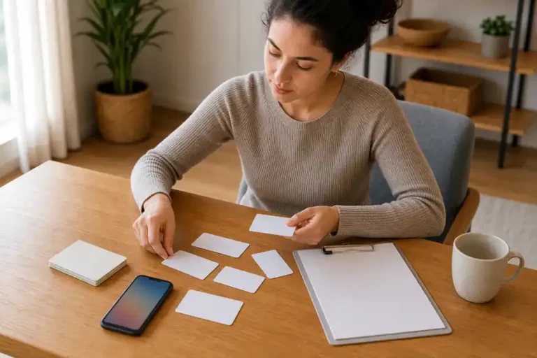 Textless generated photo of a learner reviewing hospital reception and symptom phrases with blank flashcards at home.