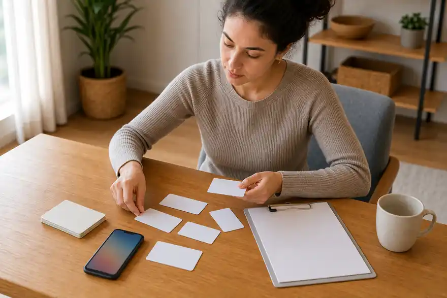 Textless generated photo of a learner reviewing hospital reception and symptom phrases with blank flashcards at home.