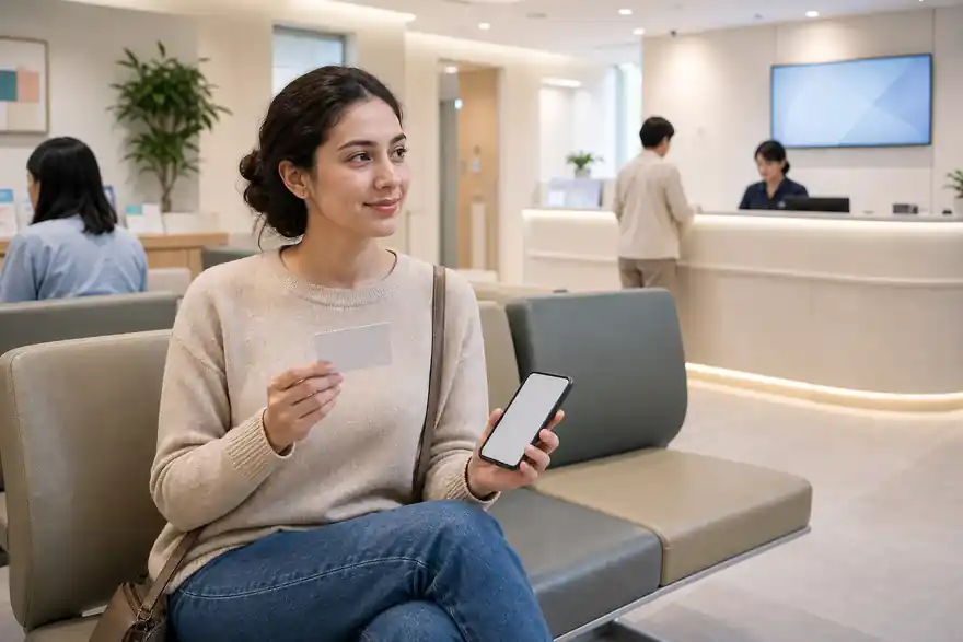 Textless generated photo of a learner waiting calmly in a Korean clinic with a blank appointment card.