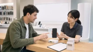 Textless generated photo of an adult resident consulting staff at a Korean mobile phone and internet service counter.