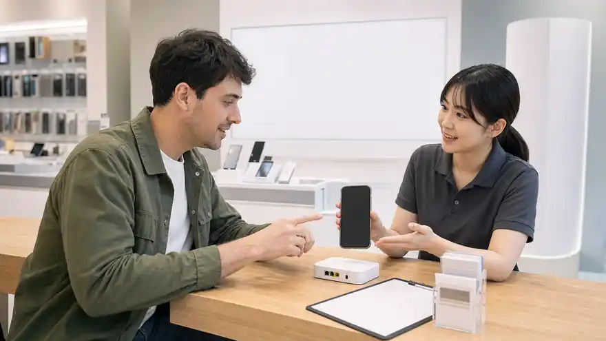 Textless generated photo of an adult resident consulting staff at a Korean mobile phone and internet service counter.