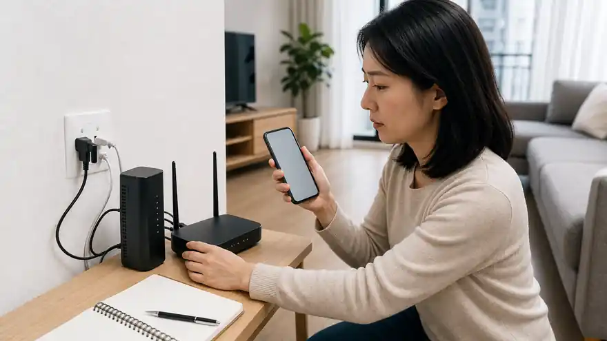 Textless generated photo of a resident checking a home router and smartphone in a Korean apartment.