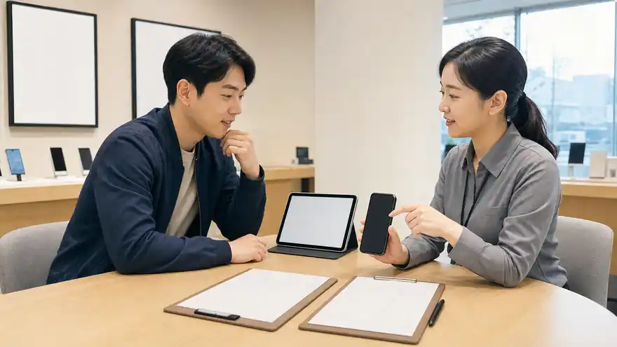 Textless generated photo of a phone plan and bill consultation with blank tablet and blank documents.