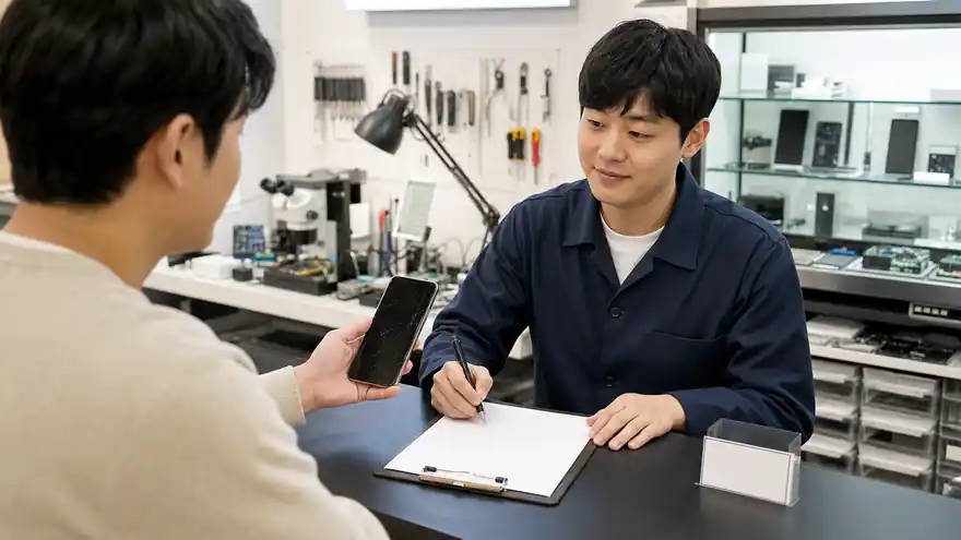 Textless generated photo of a smartphone repair service center intake conversation with blank repair form.