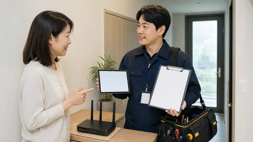 Textless generated photo of a resident confirming an internet technician visit with a blank appointment sheet.