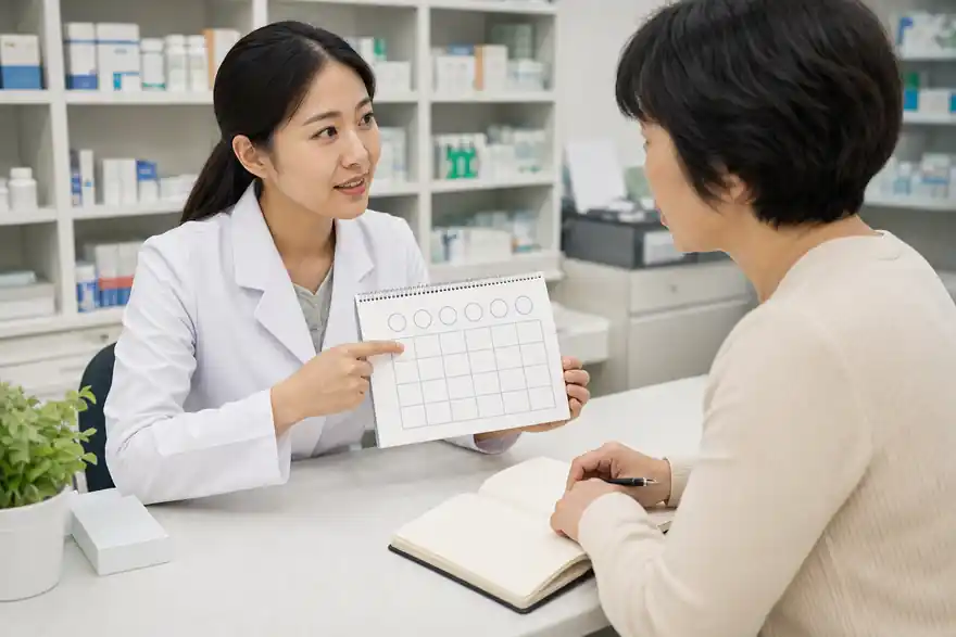 Textless generated photo of a pharmacist explaining a blank dosage schedule card to a learner.