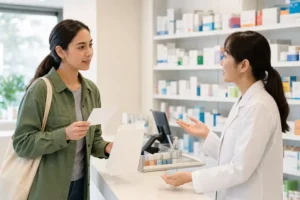 Textless generated photo of a learner asking a pharmacist about dosage instructions at a Korean pharmacy counter.