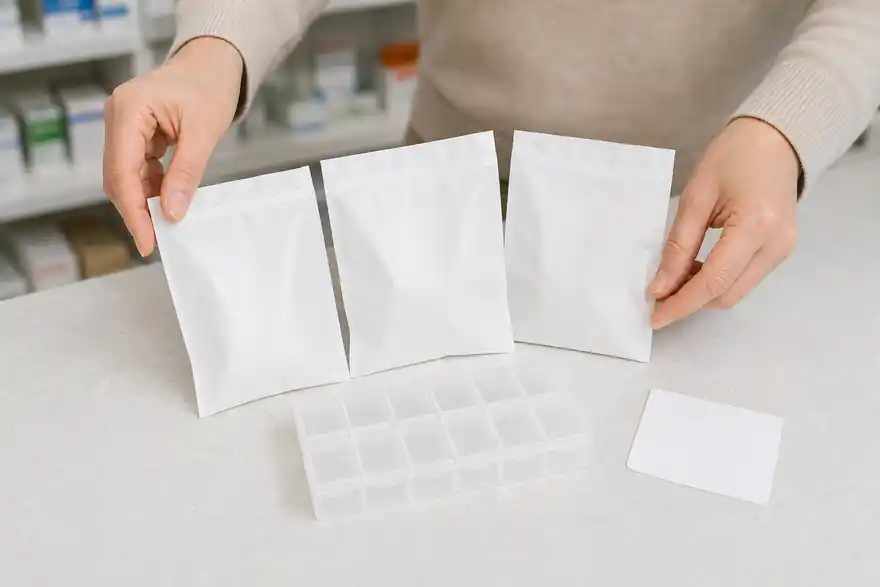 Textless generated photo of blank medicine bags, a blank reminder card, and an empty pill organizer at a pharmacy counter.