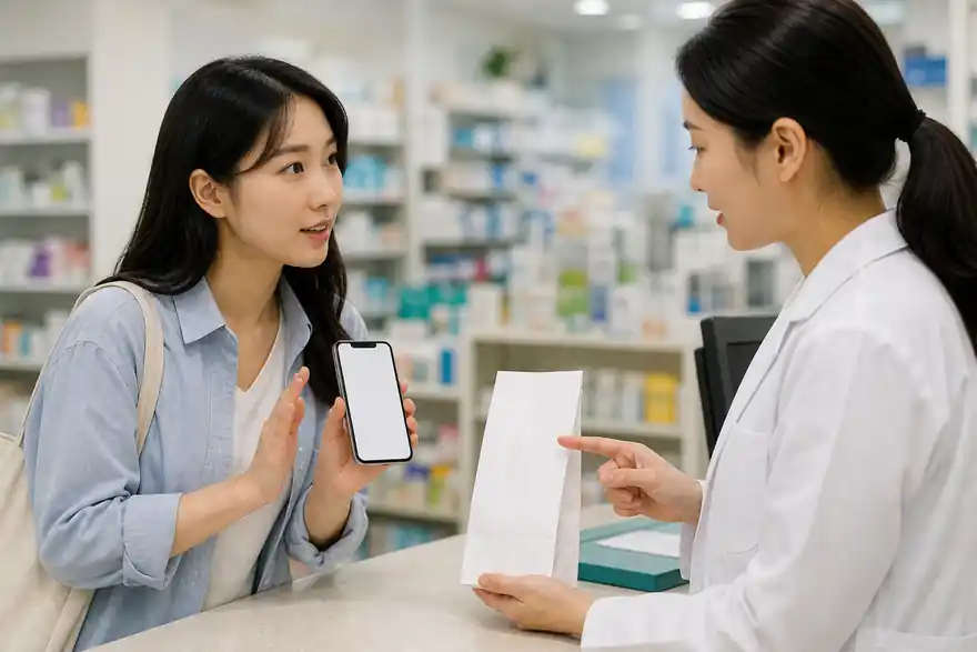 Textless generated photo of a learner politely confirming dosage instructions with a pharmacist and a blank phone screen.
