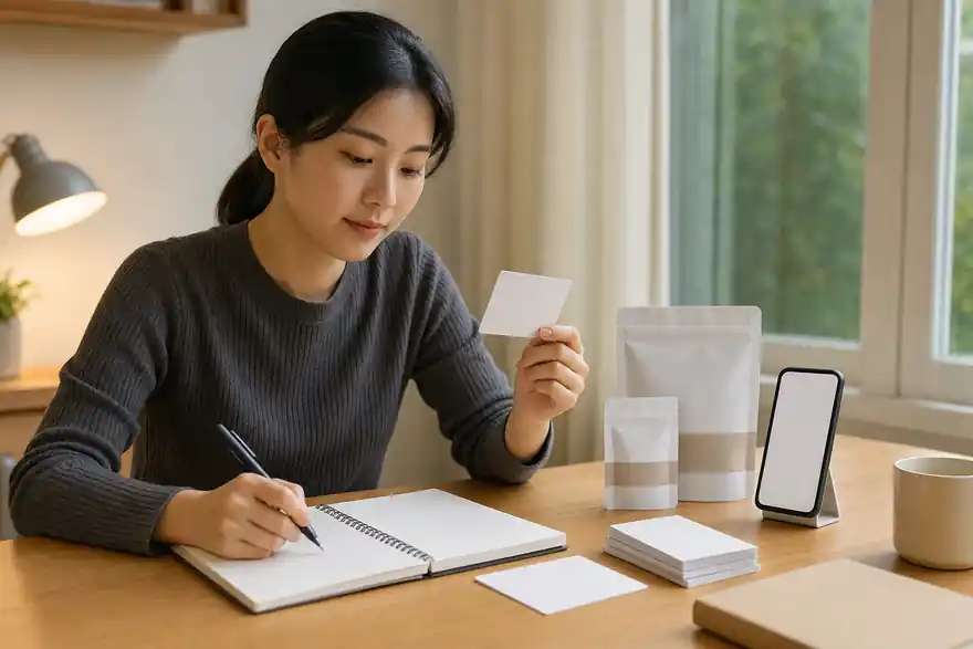 Textless generated photo of a learner reviewing pharmacy Korean phrases at home with blank cards and blank medicine bags.