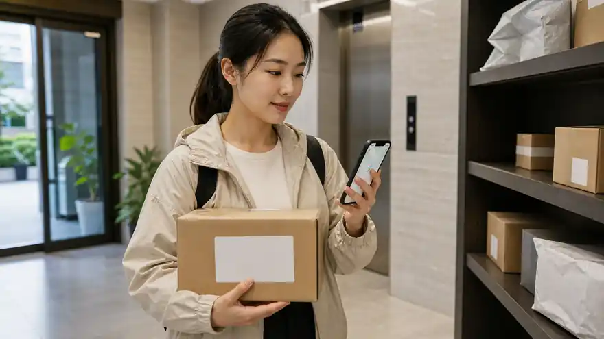 Textless generated photo of a learner checking a blank parcel label and phone in a Korean apartment lobby.