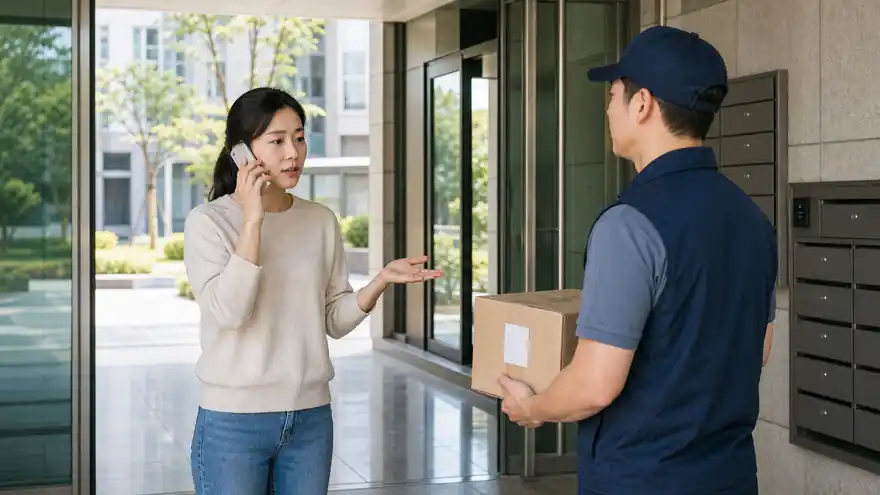 Textless generated photo of a polite delivery call between a resident and delivery worker in Korea.