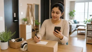 Textless generated photo of a learner checking a smartphone and blank delivery note in a Korean apartment.