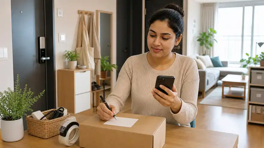 Textless generated photo of a learner checking a smartphone and blank delivery note in a Korean apartment.