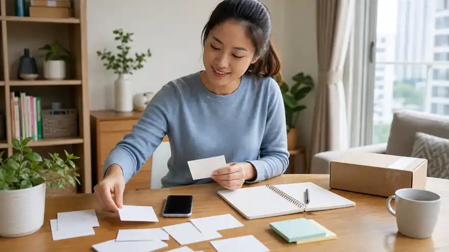 Textless generated photo of a learner reviewing phone and address phrases with blank cards at home.