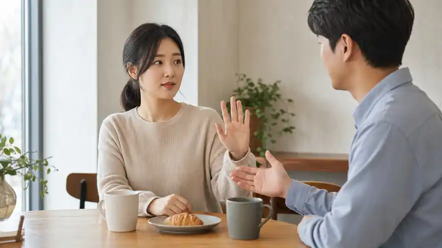 Textless generated photo of two adults in a Korean cafe having a calm polite refusal conversation.