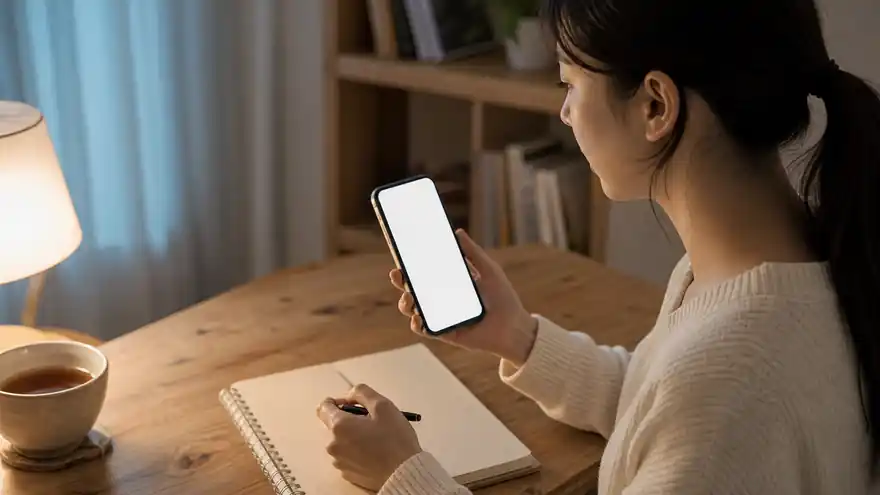 Textless generated photo of an adult writing a polite refusal message with a blank phone screen.