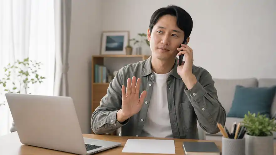 Textless generated photo of an adult calmly refusing an unwanted request by phone.
