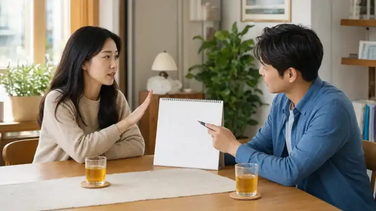 Textless generated photo of two adults looking at a blank calendar while declining an invitation politely.
