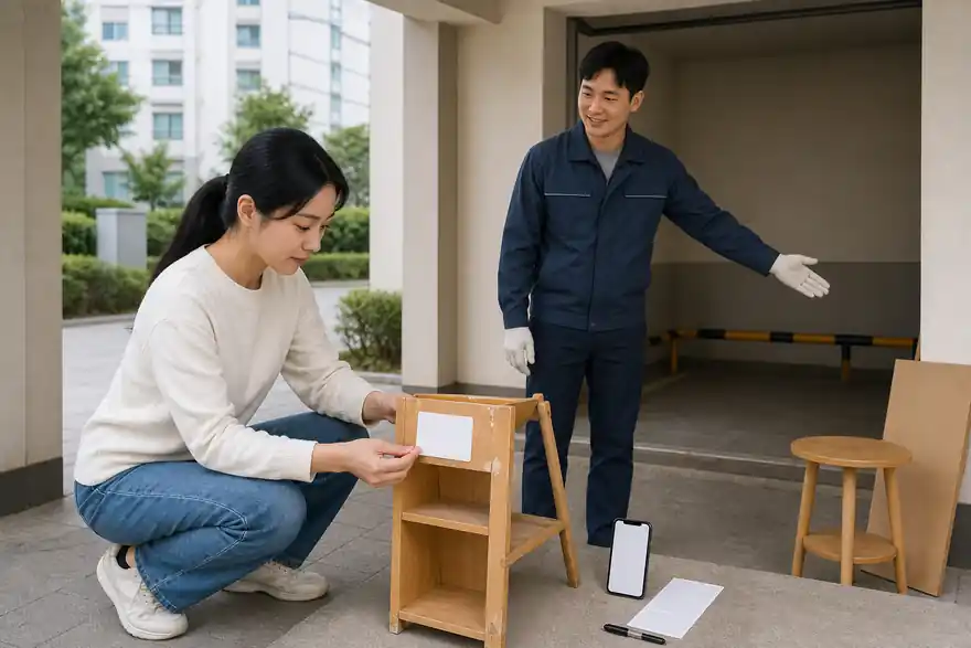 Textless generated photo of a resident preparing a small chair for bulky waste pickup with blank sticker and blank phone screen.