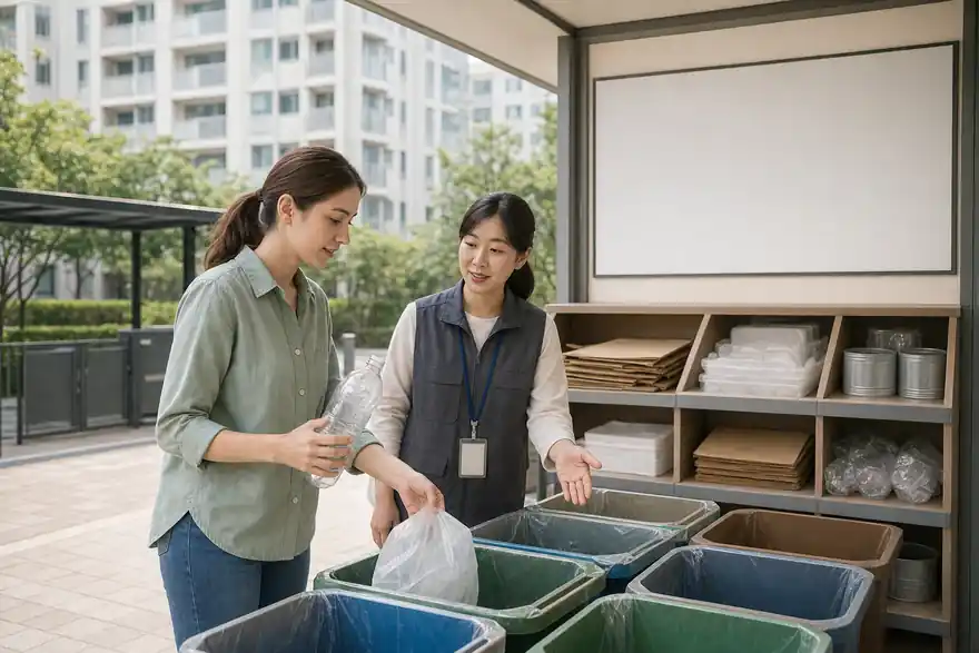Textless generated photo of a resident learning trash sorting at a Korean apartment recycling station with blank signs.