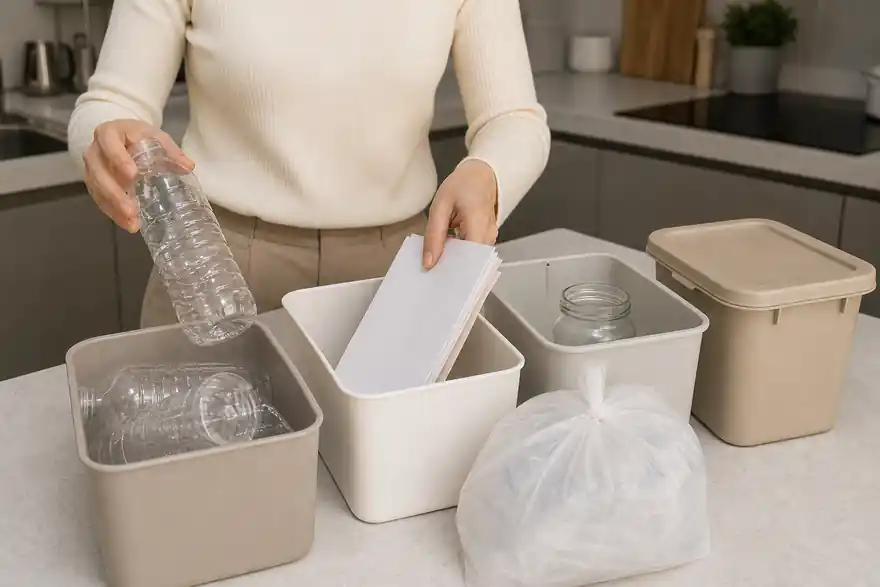 Textless generated photo of clean household items sorted into blank containers in a Korean apartment kitchen.