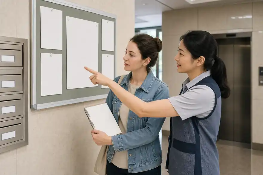 Textless generated photo of a resident reading a blank apartment notice board with a staff member in a Korean apartment lobby.