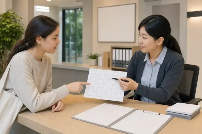 Textless generated photo of a resident asking apartment management office staff about trash sorting with a blank checklist.