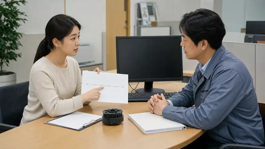 Textless generated photo of an adult customer calmly explaining an unresolved repair issue to a service representative.
