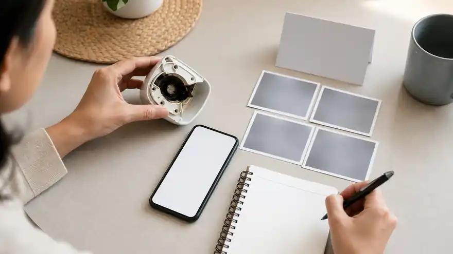 Textless generated photo of a blank phone screen, blank warranty card, notebook, and small repair part prepared as evidence.