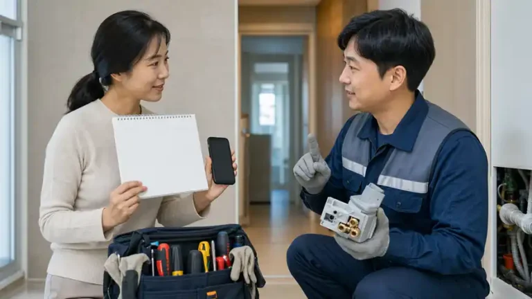 Textless generated photo of an adult resident and technician confirming a follow-up repair appointment with a blank calendar.