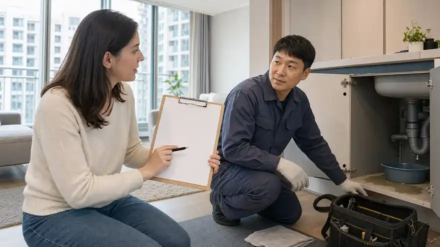 Textless generated photo of an adult resident and a repair technician discussing a home repair request with a blank checklist.