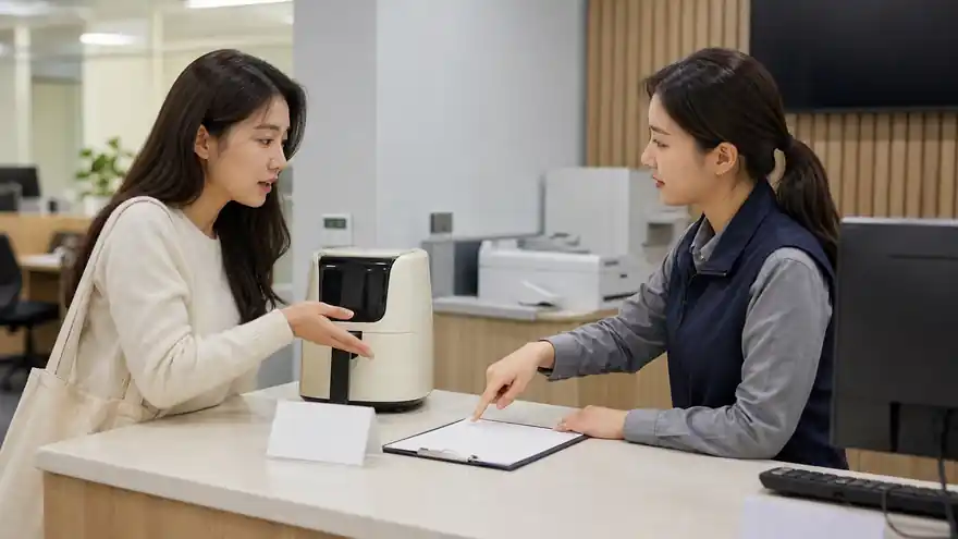 Textless generated photo of an adult customer explaining a repair problem at a Korean service center counter with blank forms.