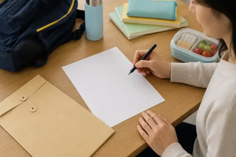 Textless generated photo of a blank school consent form, pen, backpack, and supplies prepared on a table.