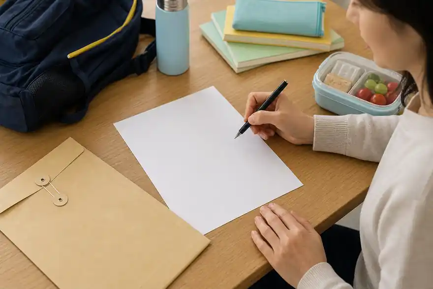 Textless generated photo of a blank school consent form, pen, backpack, and supplies prepared on a table.