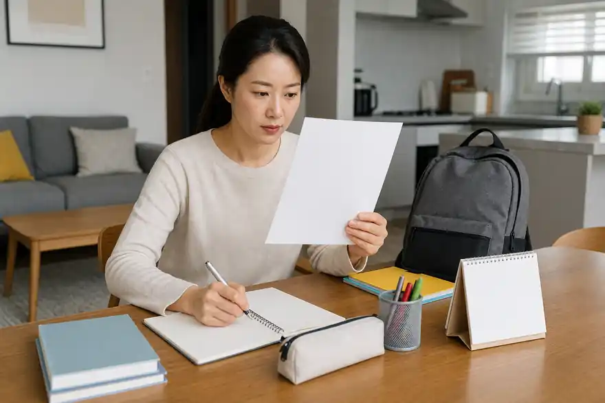 Textless generated photo of an adult guardian reading a blank school notice at home with school supplies nearby.