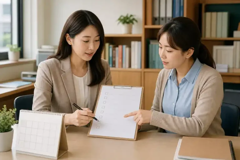 Textless generated photo of a Korean teacher and adult guardian reviewing a blank checklist in a school office.