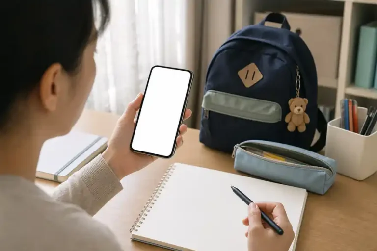 Textless generated photo of an adult guardian checking a blank smartphone screen and blank checklist for school app messages.
