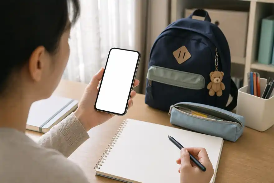 Textless generated photo of an adult guardian checking a blank smartphone screen and blank checklist for school app messages.