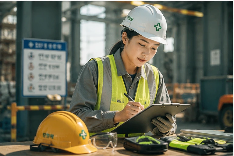 Worker writing a safety checklist at a Korean construction site