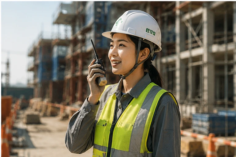Worker using a radio for safety communication on a Korean construction site