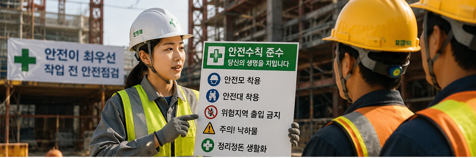 Safety manager explaining Korean construction site safety rules