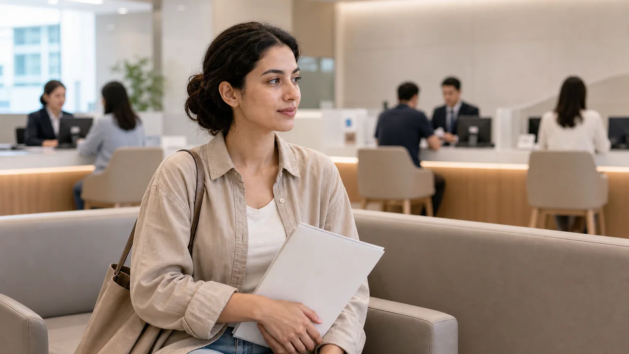 Photorealistic textless Korean bank waiting area with an adult woman holding account papers.