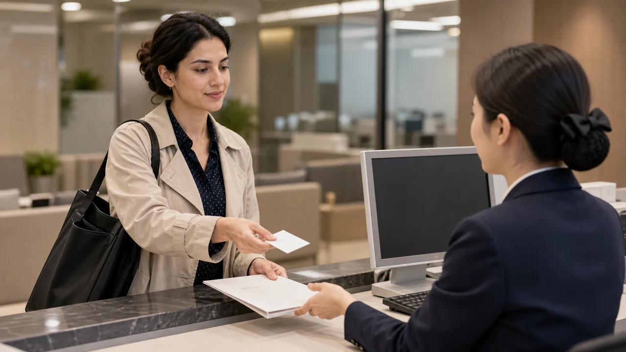 Photorealistic textless Korean bank counter scene with an adult woman presenting documents.